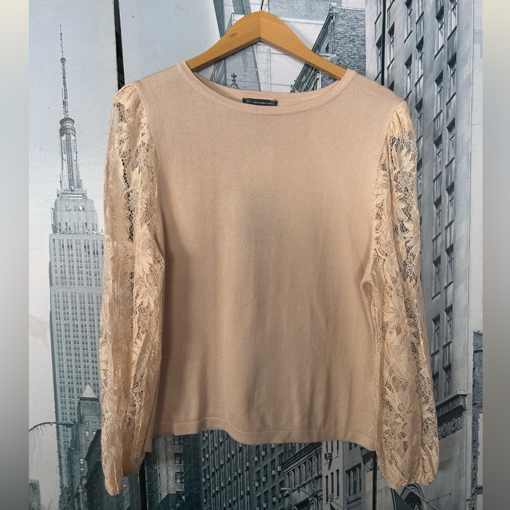 Adrianna Papell -  Blush Lace-Sleeve Knit Pullover lace sleeves